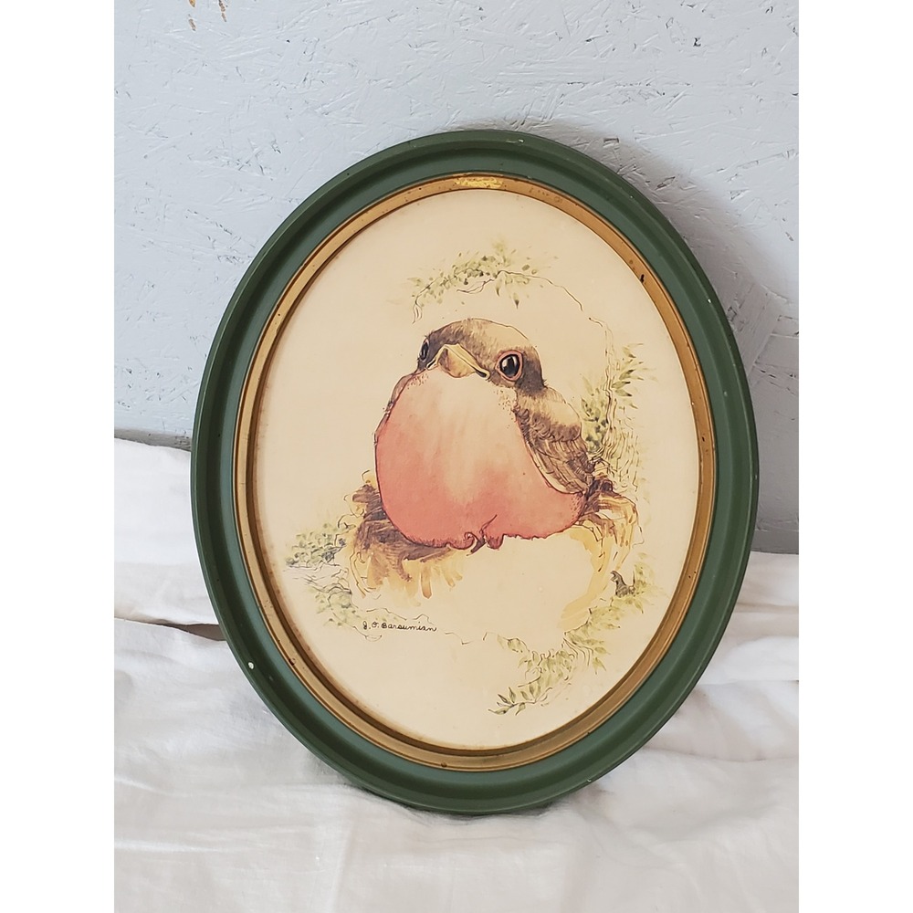 JoAnn Barsumian Original Bird Watercolor Painting Vintage Oval Green Wood Frame